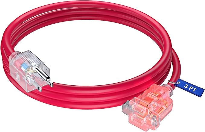 Maximm Extension Cord 3 Feet Heavy Duty Outlet Saver, ETL Listed, 16AWG/13A, 3 Prong - Clear Lighted Female End, Red