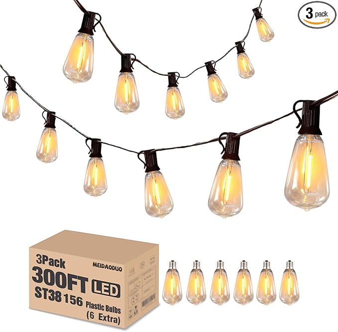 300FT Edison String Lights Outdoor Waterproof with 150+6 Extral LED Shatterproof ST38 Edison Bulbs 2200K for Outside Patio Pergola Backyard Bistro Lights, 3 x 100FT Connectable