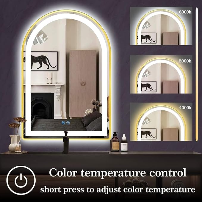 24 x 32 Inch Gold Arch LED Lighted Vanity Mirror for Bathroom Wall Makeup Desk Table Gold Arched Mirror with Lights AntiFog 3 Color Dimmable Bathroom 32in Gold Arched Smart Light up Mirror