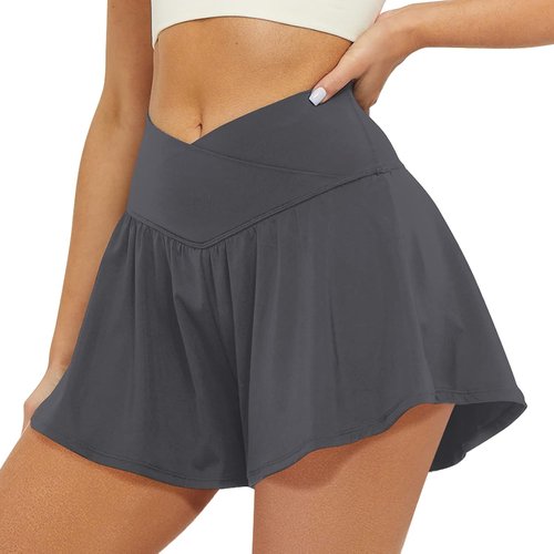 FireSwan Women's Crossover Athletic Shorts - 2-in-1 Flowy Running Skorts with Pockets, Spandex, Butterfly Design