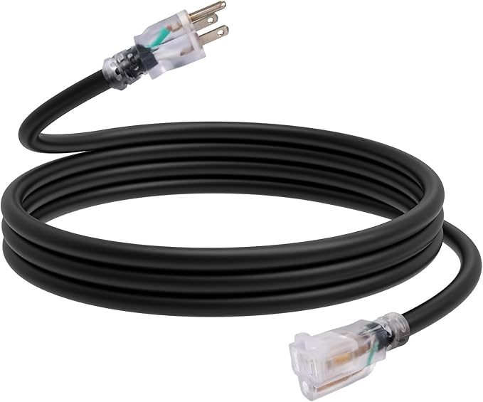 EP 10 Ft Outdoor Extension Cord, 12/3 SJTW Heavy Duty Waterproof Power Cable, 3 Prong Grounded Plug, Lighted End, for Lawn, Garden, Appliances, Black