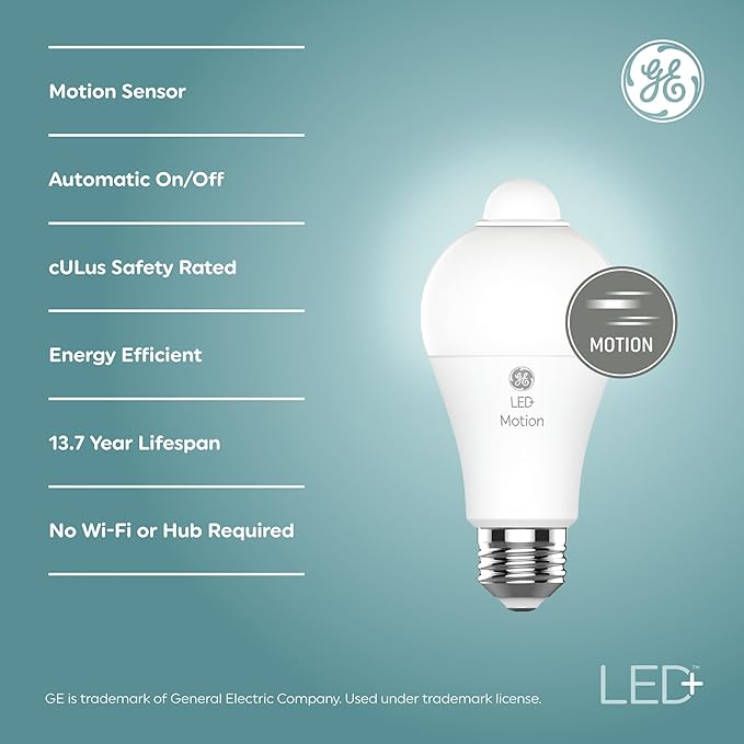 GE LED+ Motion Sensor LED Light Bulbs, 12W, Outdoor Security Lights, A21, Warm White (2 Pack)