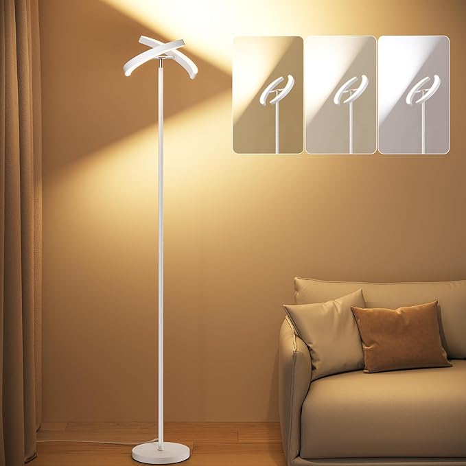 SUNMORY Floor Lamps for Living Room, 28W/1600LM Bright LED Floor Lamp with Remote & 2 Rotatable Lights, 74" Dimmable Tall Standing Lamp, Modern Reading Torchiere Corner Lamp for Bedroom Office, White