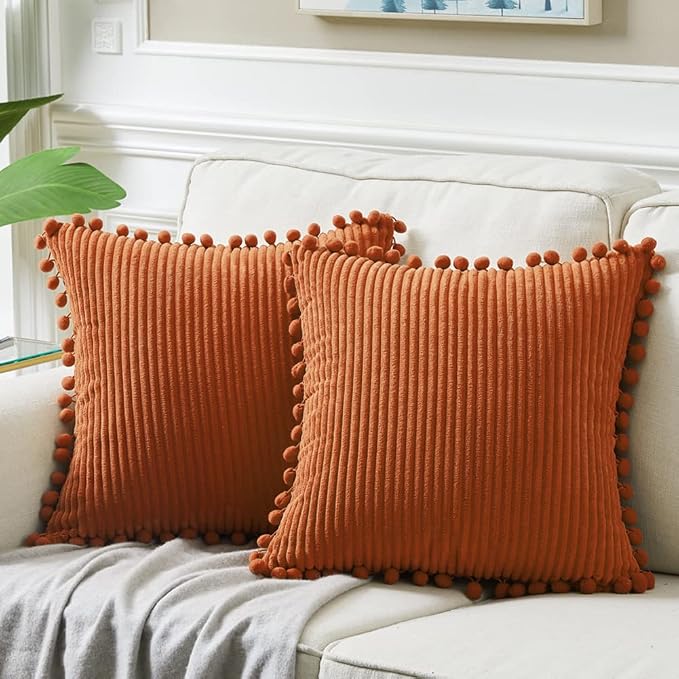 Fancy Homi Set of 2 Rust Decorative Throw Pillow Covers 12x12 Inch with Pom-poms for Couch Bed Sofa, Modern Farmhouse Boho Home Decor, Soft Plush Corduroy Cute Cushion Case 30x30 cm