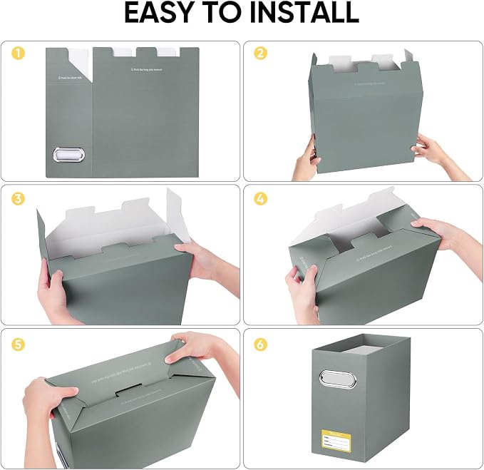 BALEINE File Organizer Box, Cardboard File Folder Organizer with Handle for Letter Size, Portable Collapsible Hanging Filing Box for Home Office Document Storage (2 Pack, Grey)