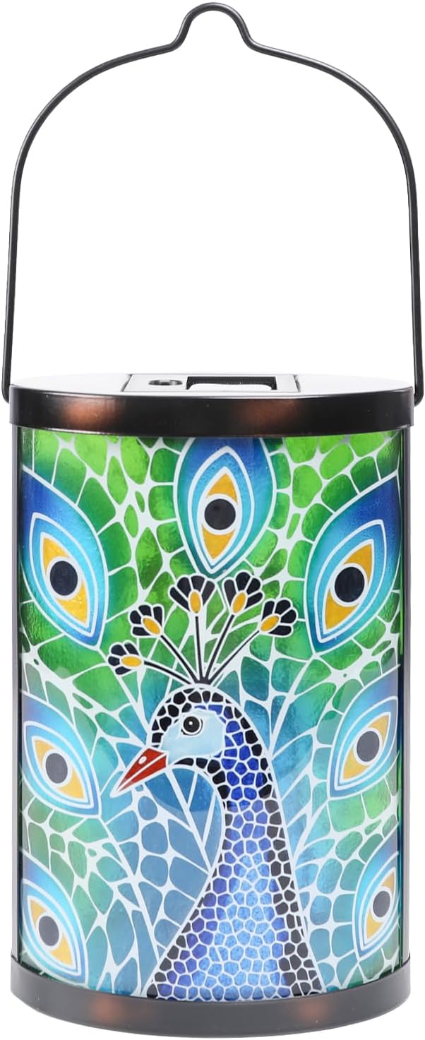 Afirst Hanging Solar Lantern Outdoor Glass Peacock Lights Waterproof LED Lamp for Garden Yard Tree Desk Decor