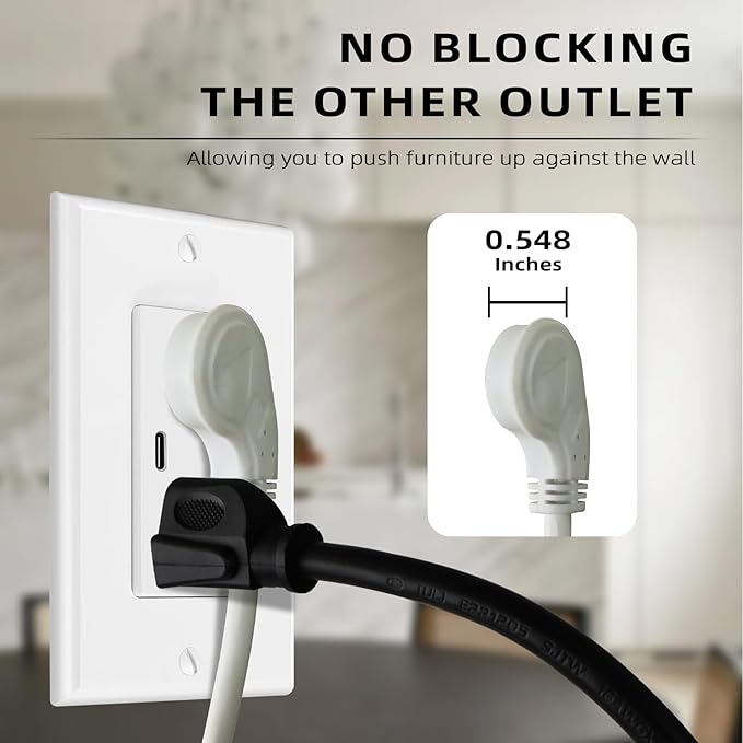 EP 15 Ft Flat Plug Extension Cord, 16 AWG 3 Prong Grounded White Low Profile Extension Cable for Indoor