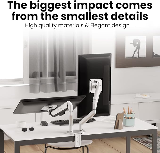EVEO Premium Dual Monitor Mount 14"-35” Dual Monitor Arm VESA Bracket Adjustable Height Gas Spring Dual Monitor Stand, Screen Full Motion Dual Monitor Arm-Computer Monitor Stand for 2 Screens - White