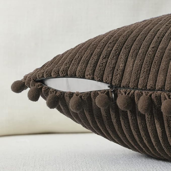 Fancy Homi Pack of 2 Dark Brown Decorative Throw Pillow Covers 16x16 Inch with Pom-poms for Couch Bed, Soft Corduroy Solid Square Cushion Case 40x40 cm, Farmhouse Boho Home Decor