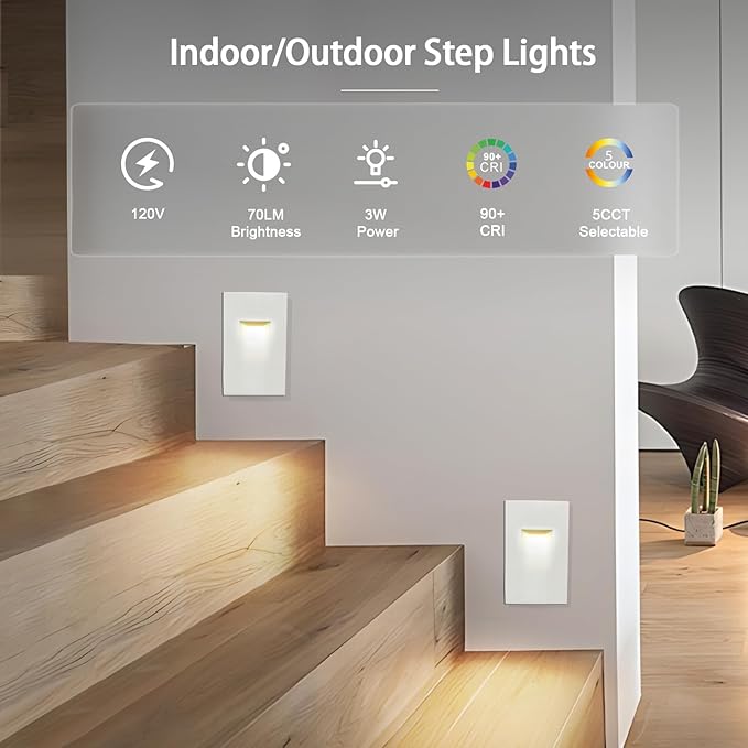 12-Pack Vertical LED Step Lights, Color Adjustable (2700K-5000K), IP65 Waterproof, 3W 70LM, 120V Stair Lights Indoor Outdoor, 10%-100% Dimmable, White, ETL Certified