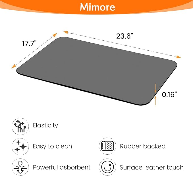 Mimore Coffee Mat - 18x24 Inch Grey Countertop Mat - Absorbent, Hides Stains, Rubber Backed - Dish Drying Mat Fits Under Coffee Maker or Espresso Machine (Compatible with Ninja Luxe Cafe)