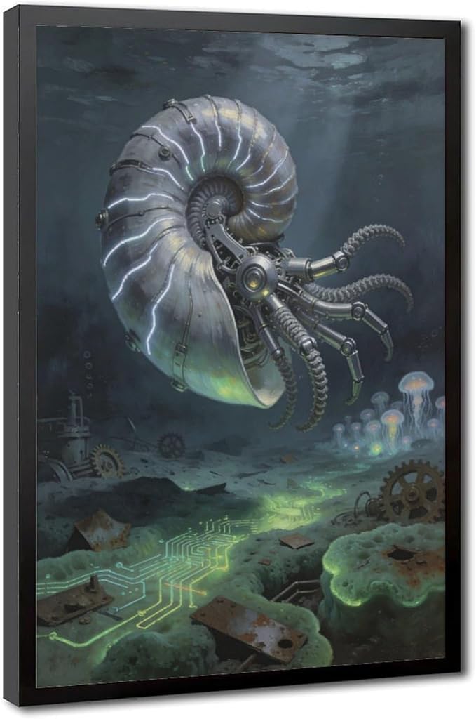 Framed Steampunk Mechanical Nautilus Wall Art - Underwater Industrial Poster for Man Cave Studio Decor 20x30in
