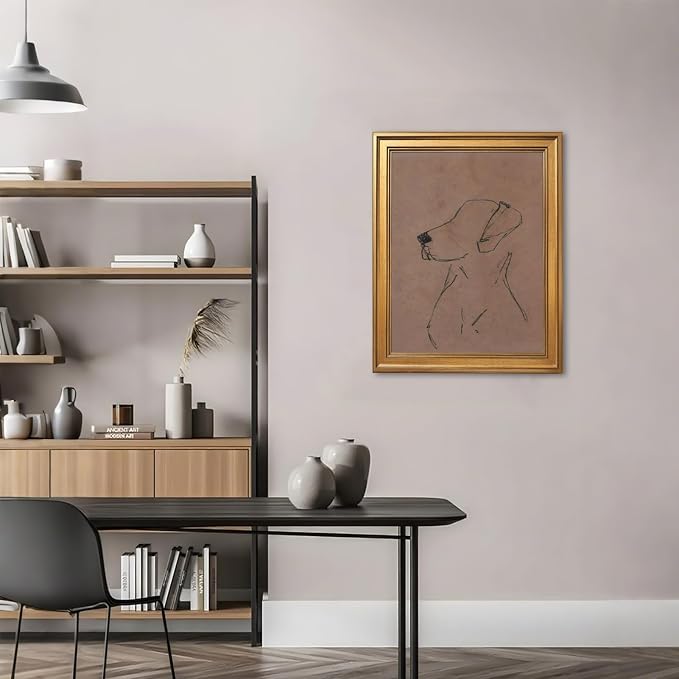 Gold Framed Minimalist Dog Sketch Wall Art Painting Neutral Line Drawing Dog Portrait Print Modern Pet Lover Picture Poster Simple Aesthetic Canvas Artwork for Room Bedroom Office Home Decor 8x10inch