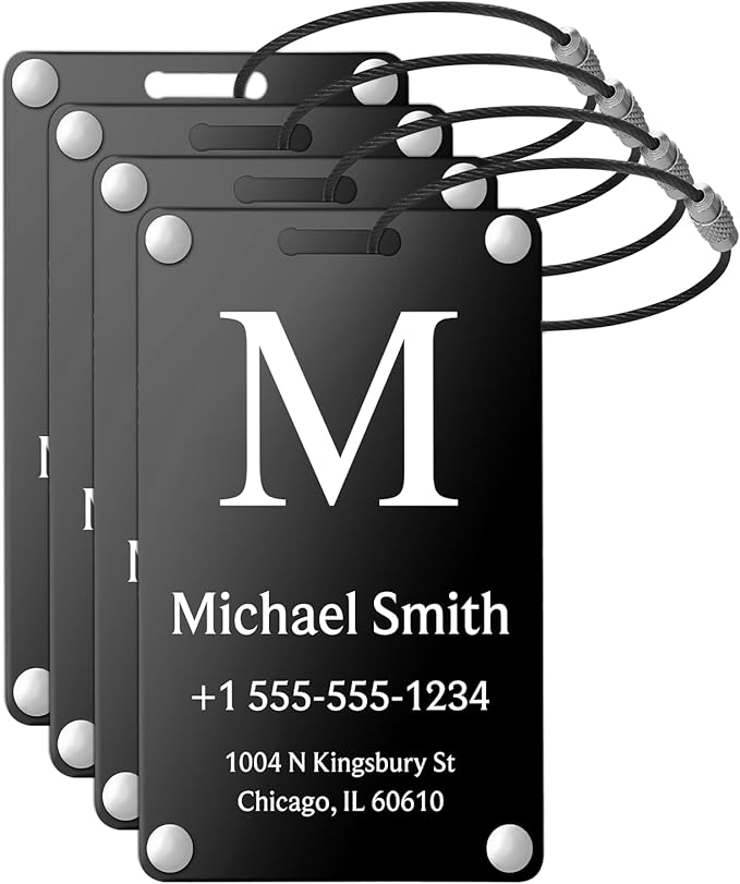 Luggage Tags for Suitcases 4 Pack: Personalized Luggage Tags for Backpacks & Bags Tags with Coustomizable Texts (Black)