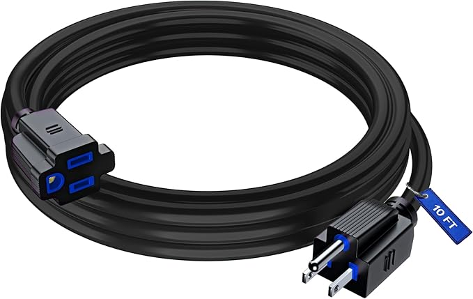 Maximm Extension Cord 10 Ft Black Power Cords Indoor 16 Gauge Wire SJTW Heavy Duty ETL Listed (10Ft, Black with Blue Indicators)