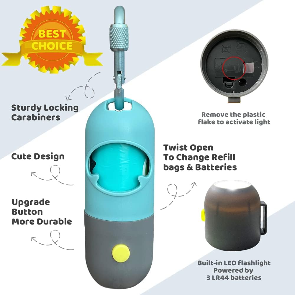 Dog Poop Bag Dispenser with Built-in LED Flashlight and Metal Clip for Leash, Pet Waste Bag Holder, Dog Walking Accessory (Cystal Blue)