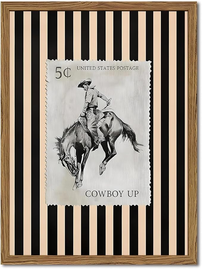 Vintage Western Wall Art, Rodeo Cowboy Horse Postage Wall Decor Mid Century Southwest With Stripes Western Canvas Prints for Living Room Bedroom Bathroom 12x16 inch Framed