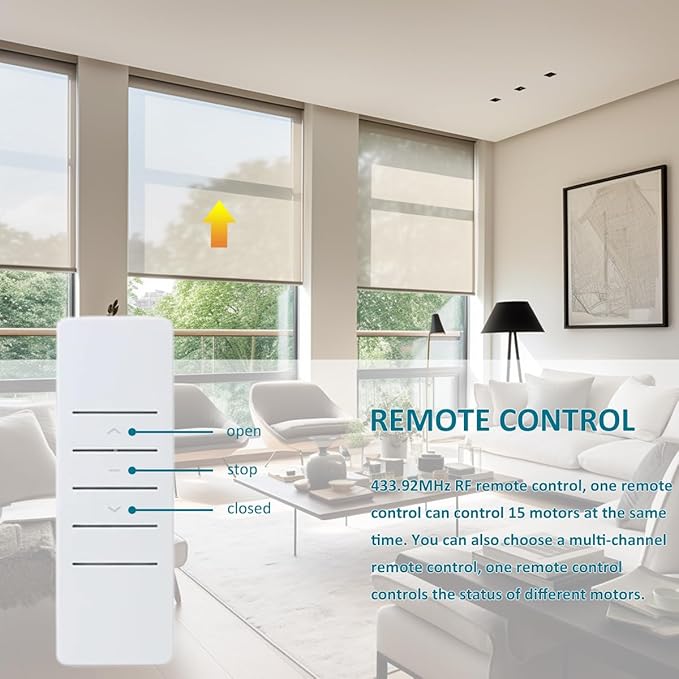Remote Control Motorized Roller Shade Kit for 1.5" Tube (38mm) | Rechargeable Electric Blind Motor | Wireless DIY Retrofit Driver | Quiet RF433 | High Torque & Long Battery Life (2.0 N.m Torque)