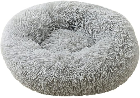 Calming Faux Fur Dog Beds Calming Donut Cuddler Dog Bed Washable Round Cat Bed Pillow Cuddler Fluffy Indoor Dog Calming Beds with Anti Slip Bottom Solid Color Light Grey 20 Inch