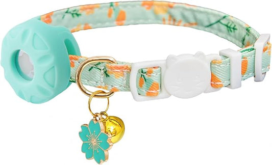 Breakaway Cat Collar with Airtag Holder,Kitten Collar with Apple Air Tag Holder and Bell for Girl Boy Cats, 0.4 Inches in Width and Lightweight. (Green Sunflower)