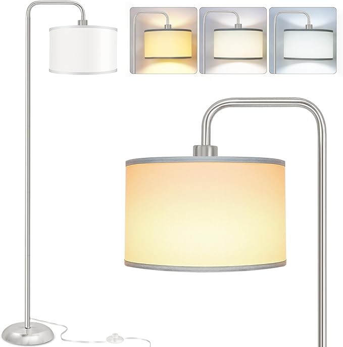 [Upgraded] LED Floor Lamp for Living Room, 3 Color Temperature Floor Lamp with Foot Switch Modern Standing Lamp Tall Pole Floor Reading Lamp for Bedroom, Study Room, Office, 9W Bulb Included, Silver
