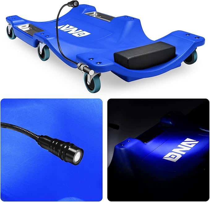 DNA Motoring 40 Inch Low Profile Plastic Rolling Garage Shop Floor Creeper with LED Light, Padded Headrest, Dual Tool Trays, Casters, Blue, TOOLS-00389-BL