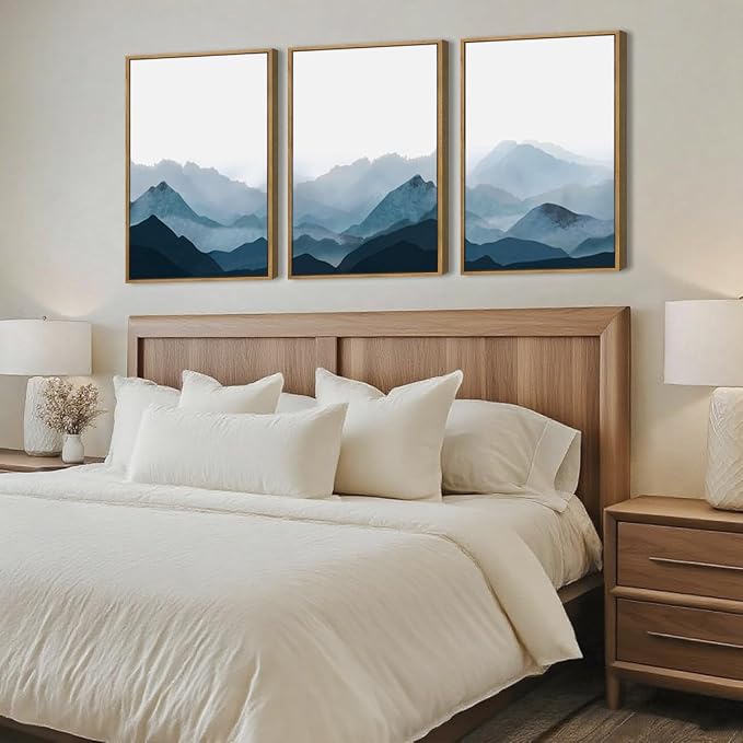 BINCUE Framed Blue Mountain Wall Decor Fog Blue Ridge Mountains Wall Art for Living Room Bedroom Office 16x24 Inches Set of 3