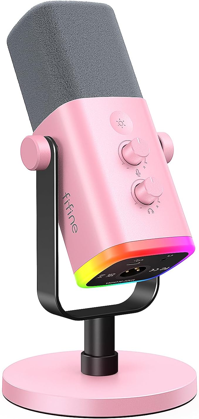 FIFINE AmpliGame AM8P XLR/USB Dynamic Microphone for Gaming Recording | PC Microphone with Controllable RGB, Headphones Jack, Mute Button, for Streaming Podcasting Voice-Over YouTube Video, Pink