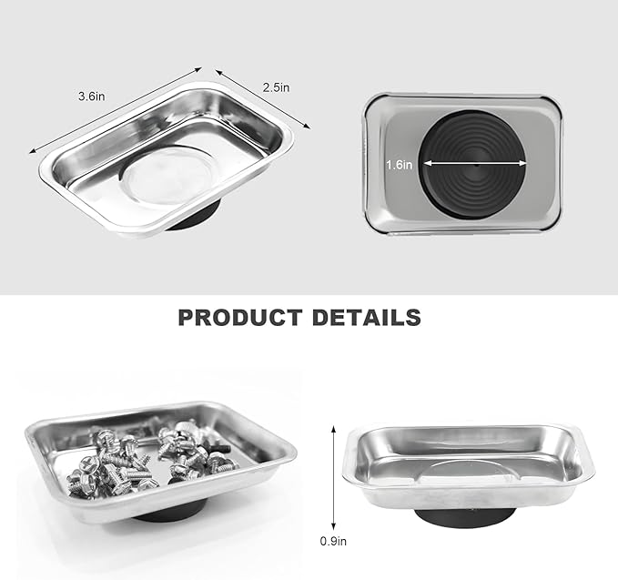 2 PCS Magnetic Tray Holders, Stainless Steel 3.6"x2.5" Rectangle Trays Metal Parts Holder with Strong Magnet, Heavy Duty Thickened Trays for Screws Bolts Nuts Washers Pins