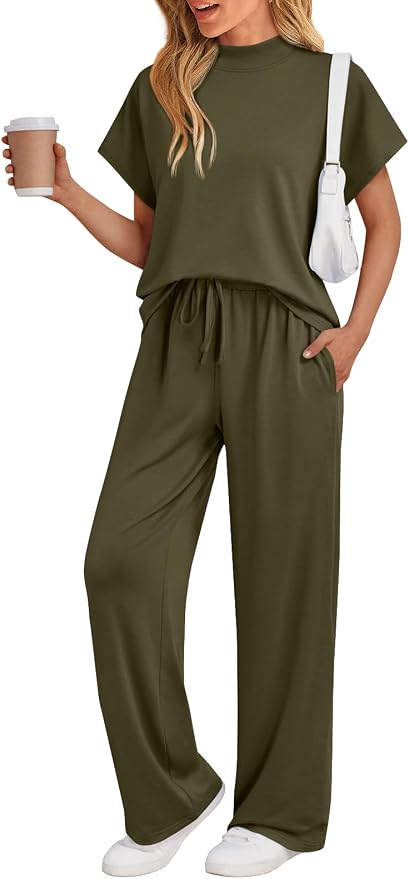 AUTOMET Women's 2 Piece Matching Lounge Sets 2026 Summer Mock Neck Sweatsuits Short Sleeve Loungewear Travel Outfits
