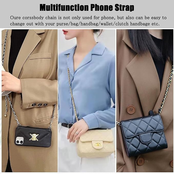 Phone Crossbody Chain Cell Phone Lanyard,Universal Leather+Metal Shouder Strap with Phone Tether Patches (A)