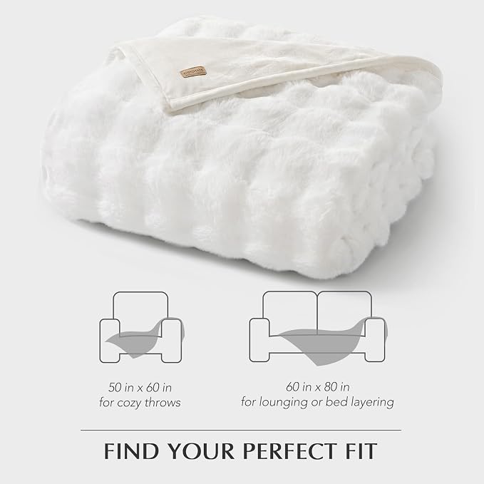 Faux Rabbit Fur Bubble Throw Blanket, 50"x60", Bright White | Ultra Soft, Luxury Faux Rabbit Fur Throw, Thick Warm Bubble Blanket, Cozy Fluffy Reversible, for Bed, Couch, Chair, Sofa