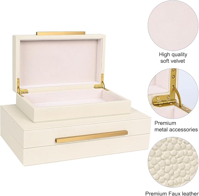 Beige Shagreen Decorative Storage Boxes – Set of 2 Faux Leather Jewelry & Memory Boxes with Gold Metal Handles, Nesting Photo Organizers for Home Decor, Gift, and Office Organization