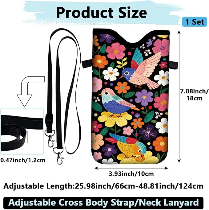 Floral Phone Pouch Phone Crossbody Sleeve Birds Colorful Nylon Neoprene Waterproof Cellphone Bag Case with Strap Neck Lanyard Protective Carrying Cover Fits Most Smartphones 7.1 x 3.9 Inch