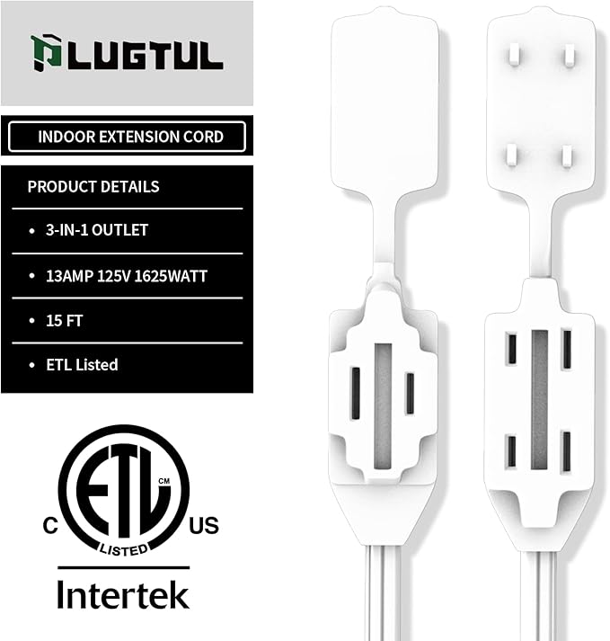 PLUGTUL Indoor White Extension Cord 15 Feet, 3-Outlet Household Extension Cord, 2 Prong, 16 Gauge, 3 Polarized Outlets with Safety Cap Protect for Home Office, 16/2 SPT-2 ETL Listed