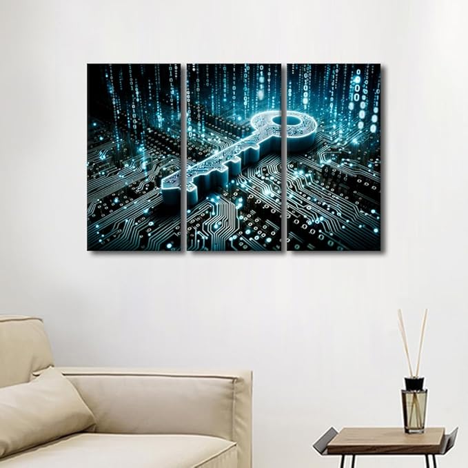 TUMOVO Security Concept Wall Art Key on Circuit Board Background with Binary Code Poster Pictures Print On Canvas Wall Art, Artificial Intelligence Artwork for Wall Decoration, 42" Wx28 H