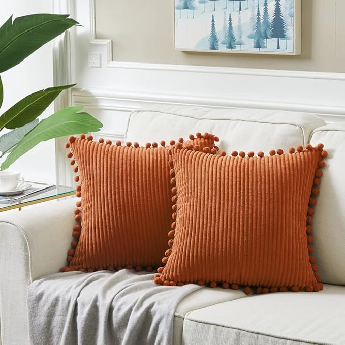 Fancy Homi Set of 2 Rust Decorative Throw Pillow Covers 14x14 Inch with Pom-poms for Couch Bed Sofa, Modern Farmhouse Boho Home Decor, Soft Plush Corduroy Cute Cushion Case 35x35 cm