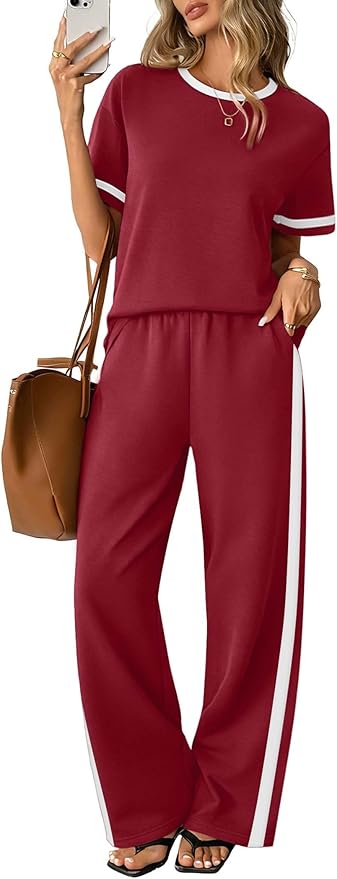 Sampeel 2 Piece Sets for Women Matching Sets Summer Outfits Resort Wear Short Sleeve Lounge Set Wide Leg Pants with Pockets