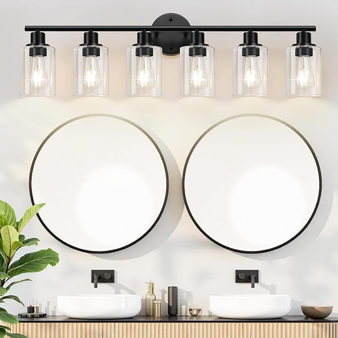6-Light Bathroom Light Fixtures, Black Modern Vanity Lights with Clear Glass Shade, Bathroom Wall Lamp for Mirror Kitchen Living Room Hallway Cabinet Porch