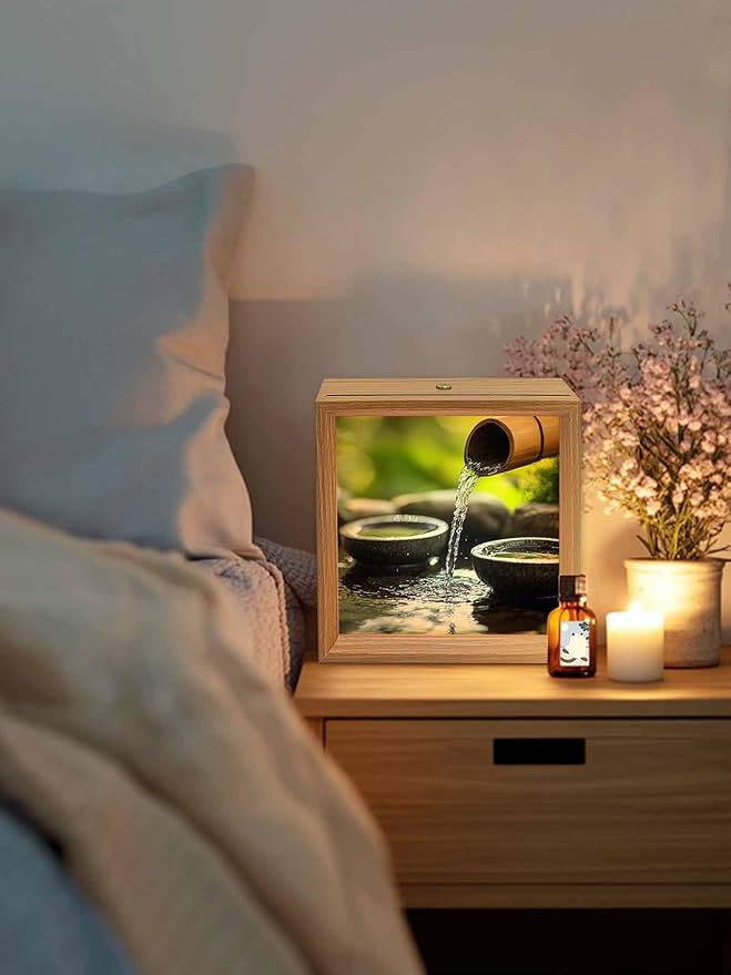 Wood Night Light Box 6.5x6.5in,Zen Meditation Lake Water Table Lights Wooden Picture Frame with USB Rechargeable Touch LED Lights for Home Decor Desktop Display,Natural Landscape