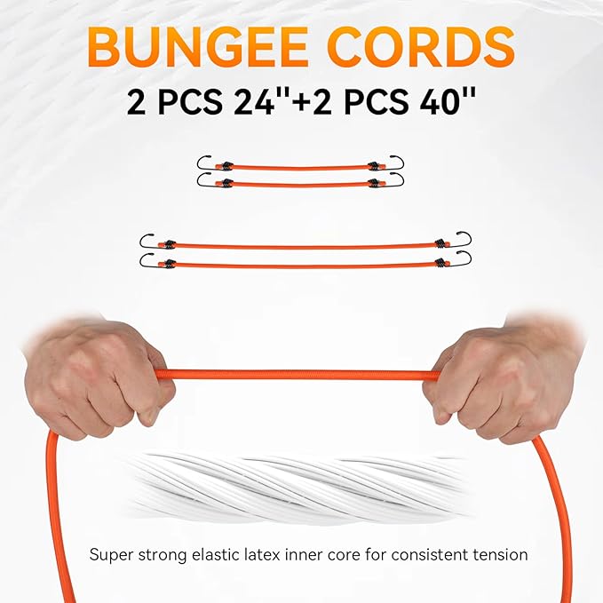 4 Pack Ratchet Straps Tie Downs Heavy Duty 1500 LBS Break Strength, Orange Tie Down Straps with S Hooks and Safety Clips, 4 Bungee Cords, Storage Bag for Motorcycle, Truck, Cargo, UTV, Trailer