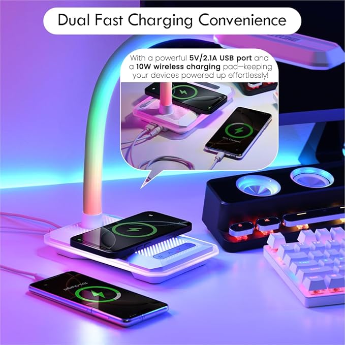 RGB Gaming Desk Lamp with Music Sync,Dimmable LED Lamp with Wireless Charging Station,USB Charging Port,Color Changing Touch Control Light for Gamer Room Decor,Reading,Office,Gift Ideas