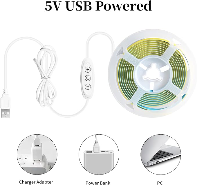 iNextStation 6.6ft 2M 5V USB COB LED Strip Light, 640LEDs 6000K Cold White USB LED Strips Dimmable CRI 93+ Flexible LED Tape Lights for TV Backlight, Under Cabinet, Mirror, Wardrobe, Home Decor