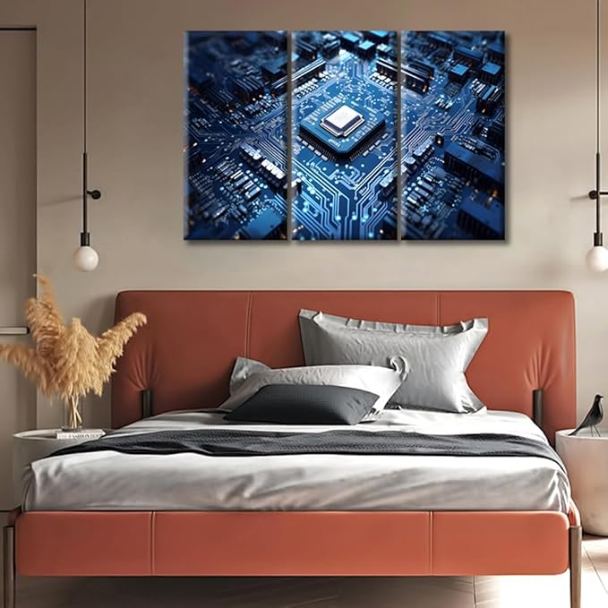 3 Panels Circuit Board Pictures Canvas Wall Art Technology Blue AI Paintings Prints on Canvas Chip Modern Artwork Pictures for Living Room Bedroom Giclee Framed Ready to Hang (36"Wx24"H)