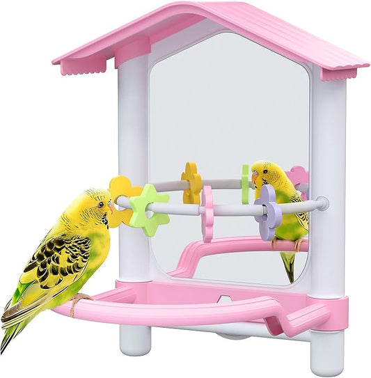 8.1 Inch Pet Bird Mirror with Perch Stand and Parakeet Chew Toys,Parrot Toys Bird Cage Decorative Accessory, Helps Birds Release Stress for Canaries Budgies Lovebirds Conures Cockatiels (Pink)