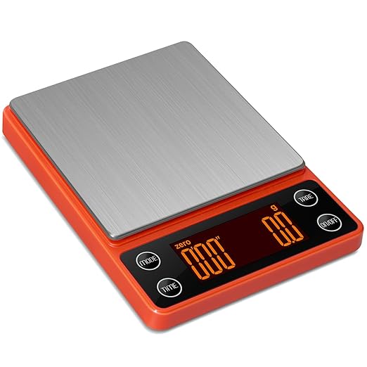 Coffee Scale with Timer 3kg/0.1g High Precision Espresso Scale Rechargeable Portable Digital Coffee Scale Auto Tare Smart Water Flow Suitable for Baristas or Kitchen Scale (Orange)
