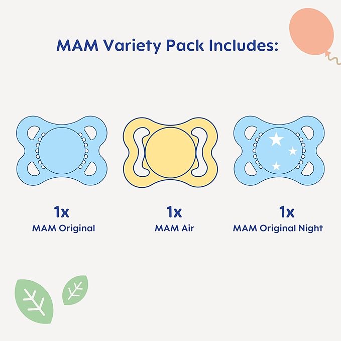 MAM Variety Pack Baby Pacifier, Includes 3 Types of Pacifiers, Nipple Shape Helps Promote Healthy Oral Development, 3 Pack, 0-6 Months, Boy