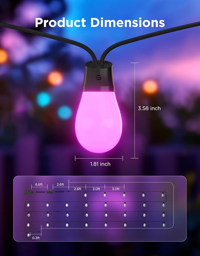 Govee S14 Bulb Outdoor String Lights 2, 96ft RGBICWW, 30 LED Bulbs, IP66 | Patio Lights with 111 Scene Modes for Patio, Backyard, Garden, Compatible with Alexa, Google, Matter, APP Control