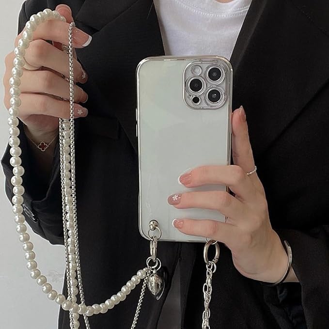 Phone Crossbody Lanyard Double Phone Lanyard,Pearl Chain&Metal Chain Double Universal Phone Strap with Phone Tether Patches for Most Phone(K)