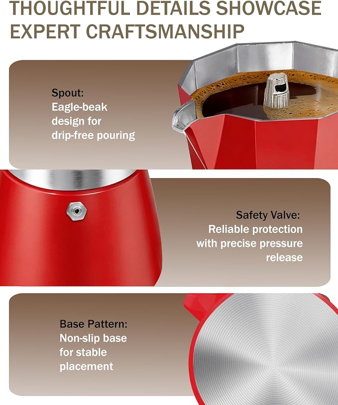 Coffee Maker Stovetop Espresso Maker 6 Cup Aluminum Moka Pot Percolator 10oz 300ml Easy Brewing for Electric Ceramic Stoves Home Camping Italian Cuban Café Classic Red